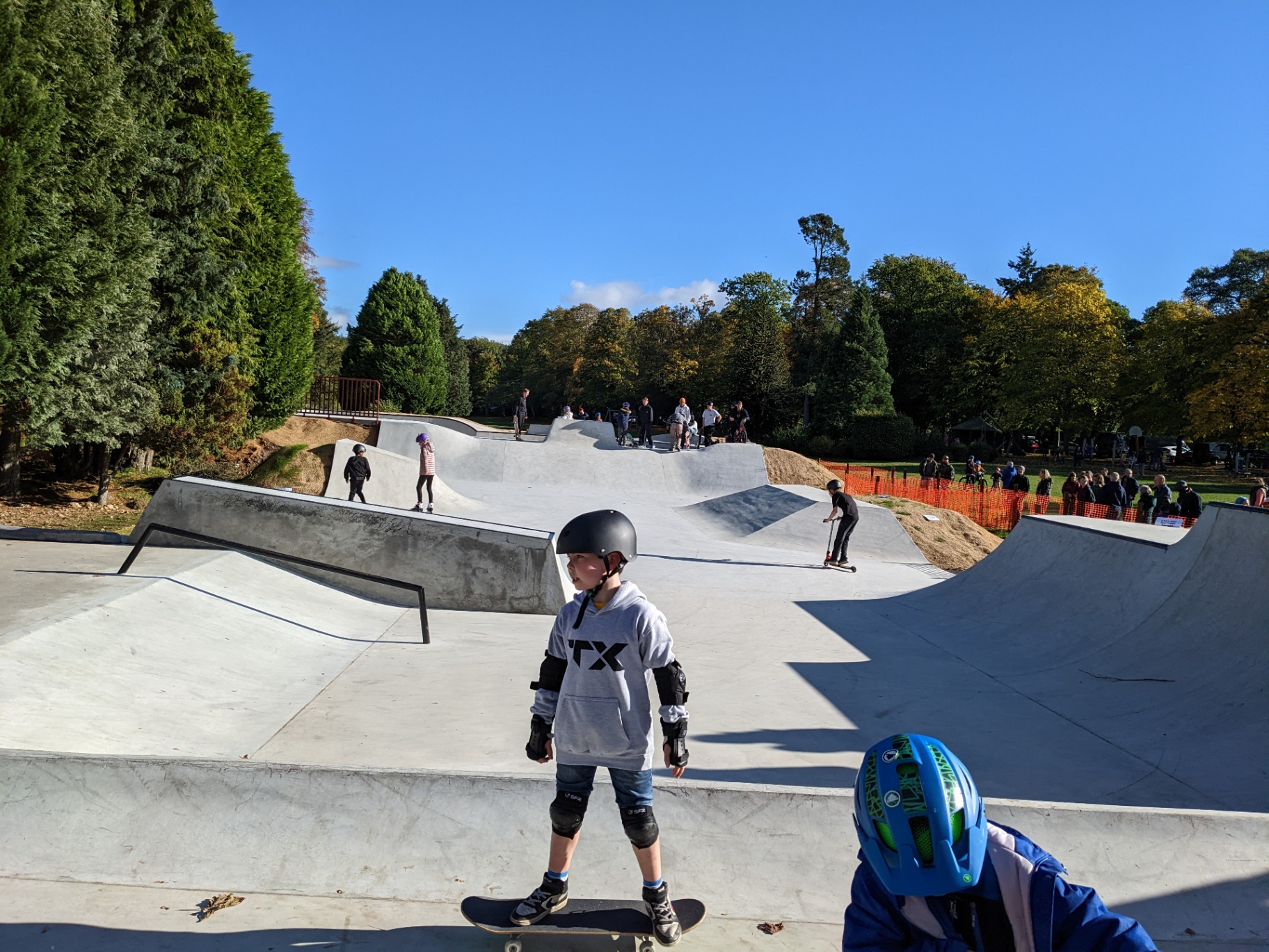 Banchory Skatepark in October 2022, autumn colours framing the new concrete